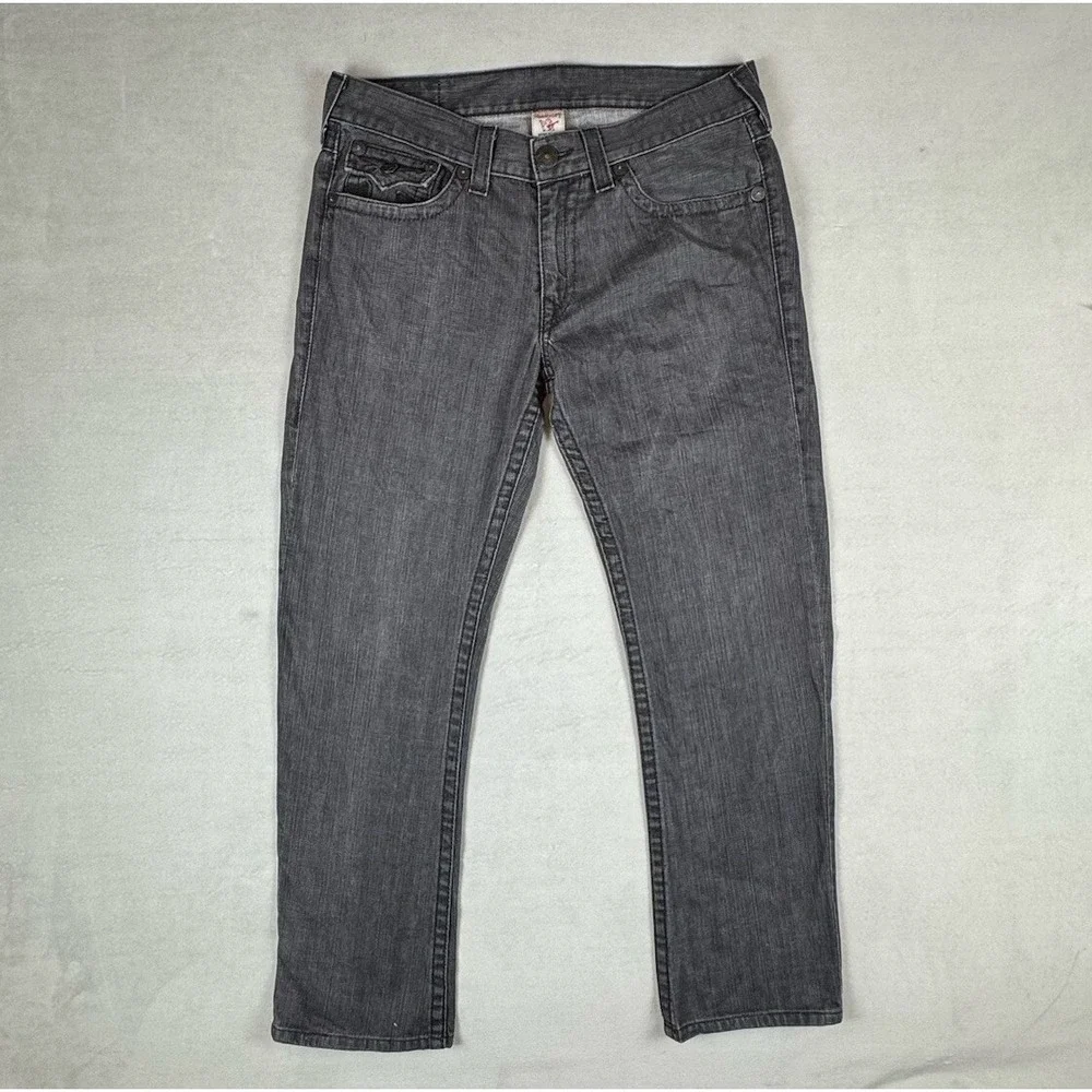 Vintage True Religion Jeans Mens 36 Gray Black Leather Logos Billy Y2K 2000s